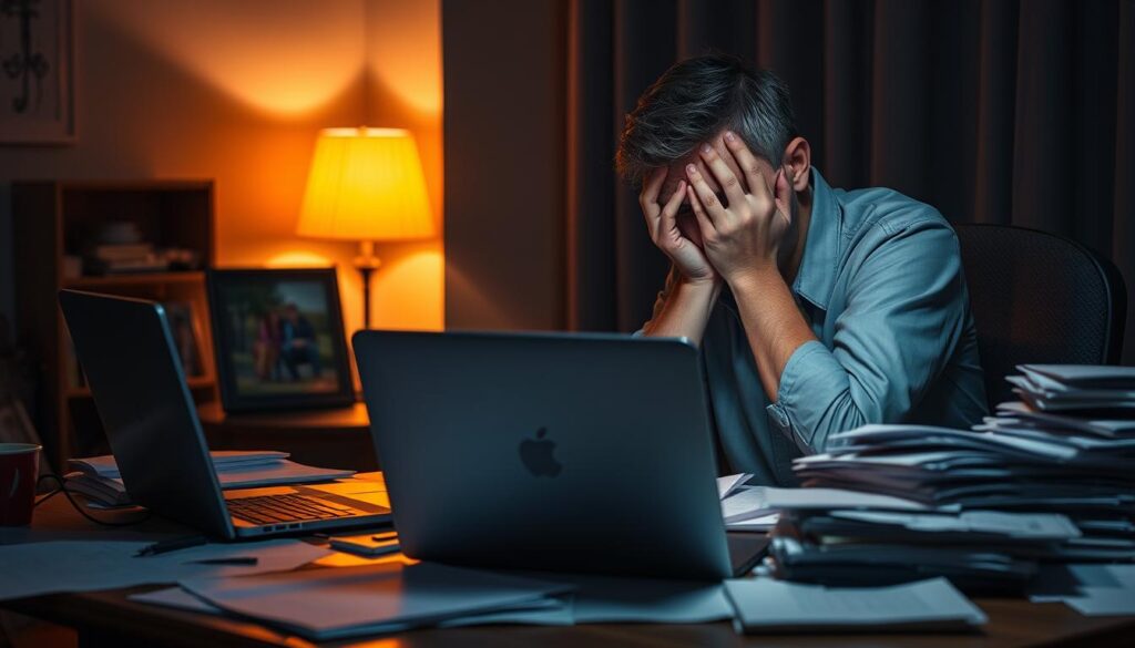 Persoană stresată lucrând până târziu ignorând familia