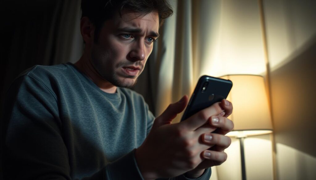 Persoană verificând obsesiv telefonul partenerului, expresie anxioasă, comportament specific după descoperirea trădării