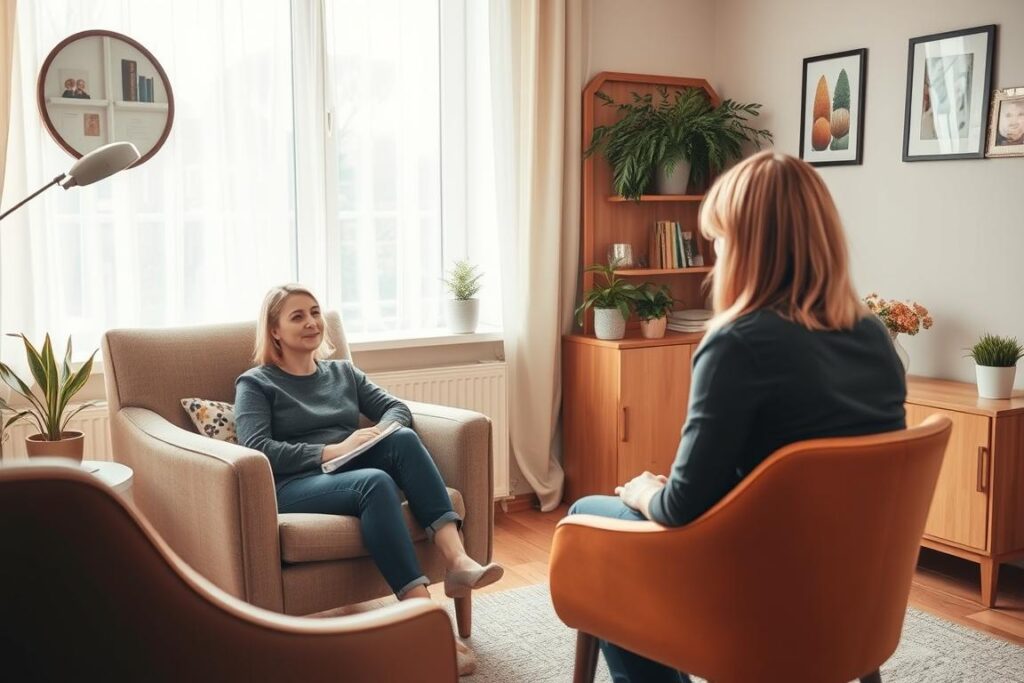Persoană vorbind cu terapeut, atmosferă caldă și sigură, reprezentând importanța sprijinului profesional după trădare