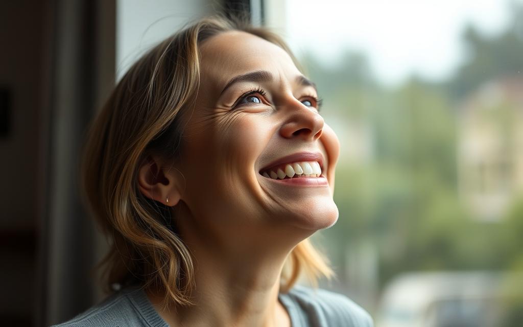 Persoană zâmbitoare privind înainte cu speranță, lumină naturală, reprezentând vindecare și pace interioară după trădare