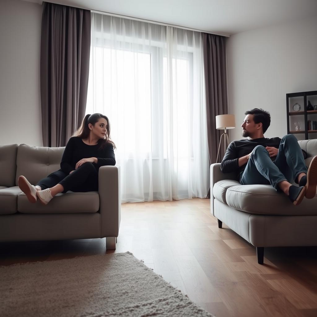 bărbat și femeie stând departe unul de celălalt pe canapea, separați de încredere 