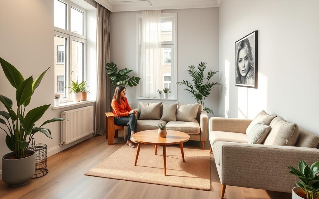 cabinet modern de terapie de cuplu din Bucuresti cu canapea confortabila si decor calduros