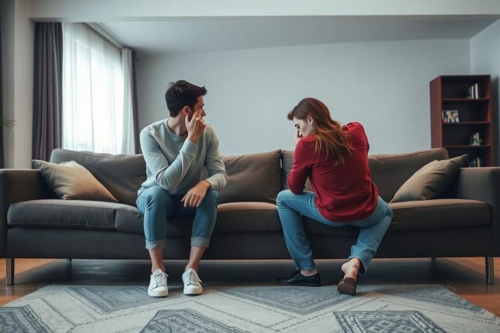 cuplu avand o conversatie tensionata si evitand contactul vizual