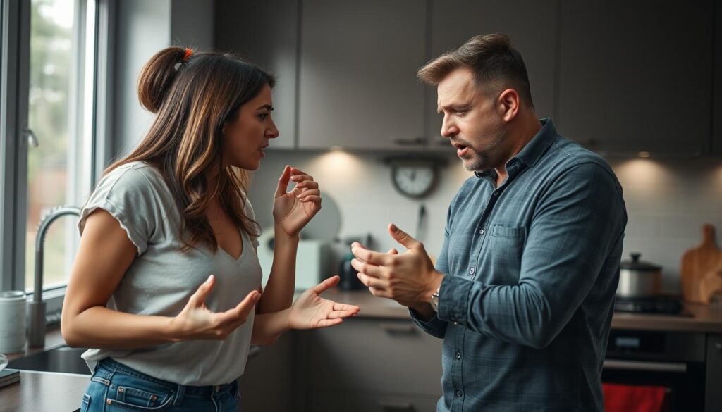 cuplu certându-se în bucătărie