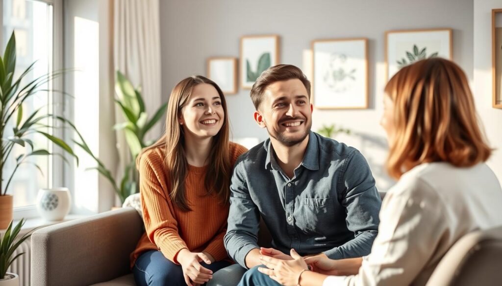 cuplu discutând optimist cu terapeut despre viitor