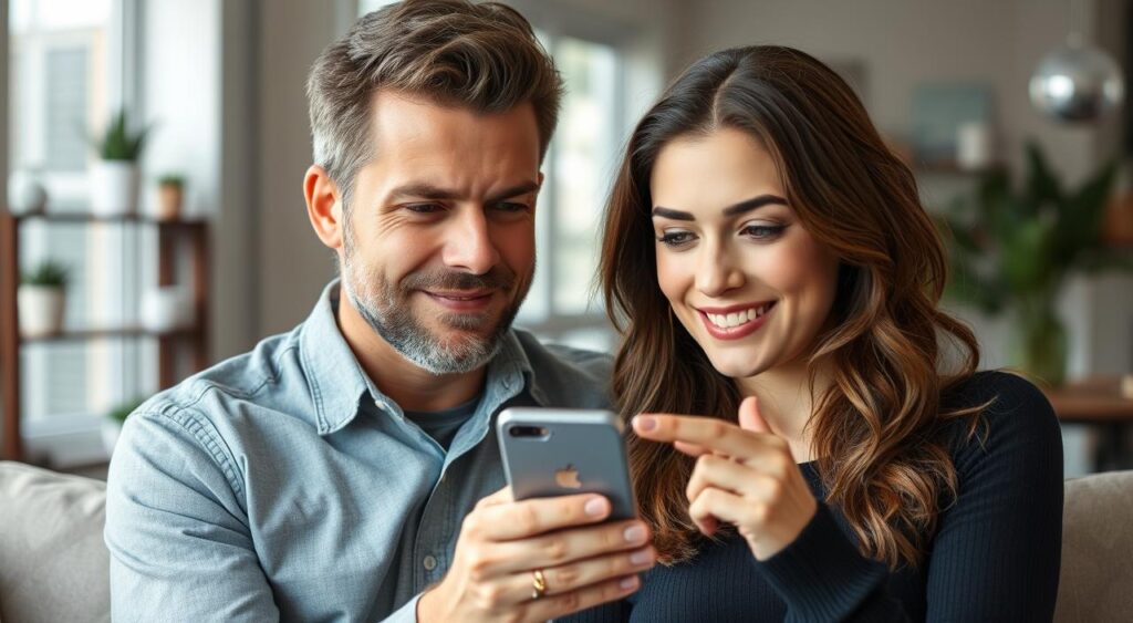 cuplu hotarat facand primul pas catre terapie navigand pe telefon