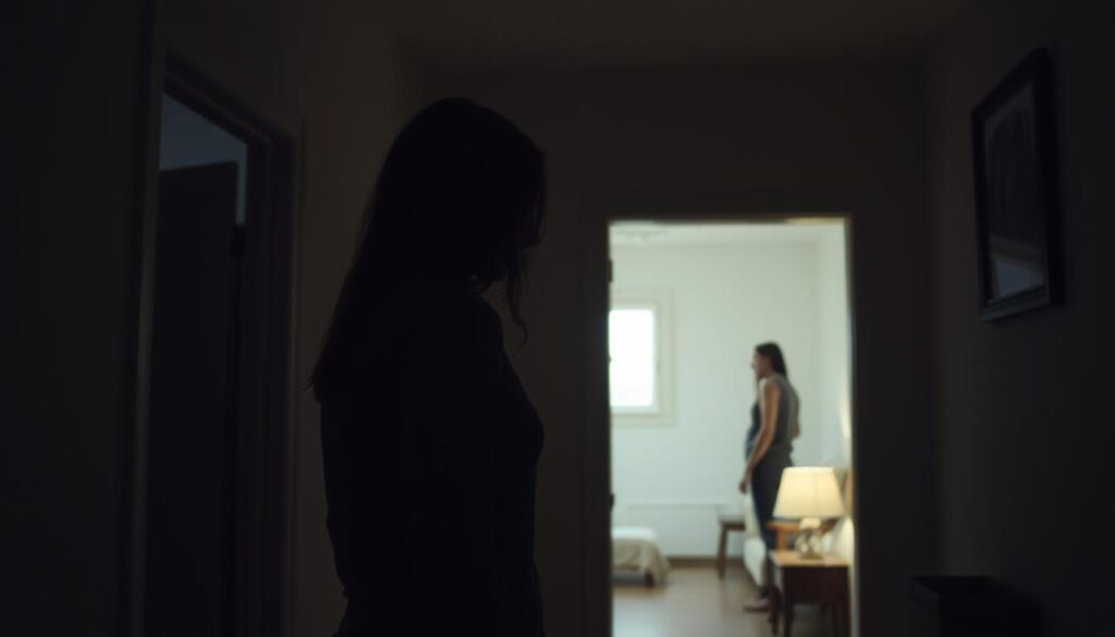 cuplu in camere separate simbolizand izolarea emotionala si distanta