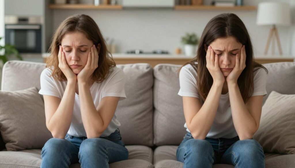 cuplu îndepărtat emoțional stând la distanță pe canapea