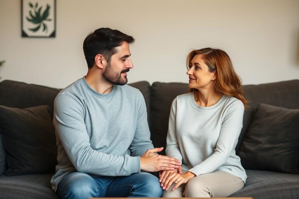 cuplu practicand exercitiul de ascultare activa acasa intr-un cadru linistit