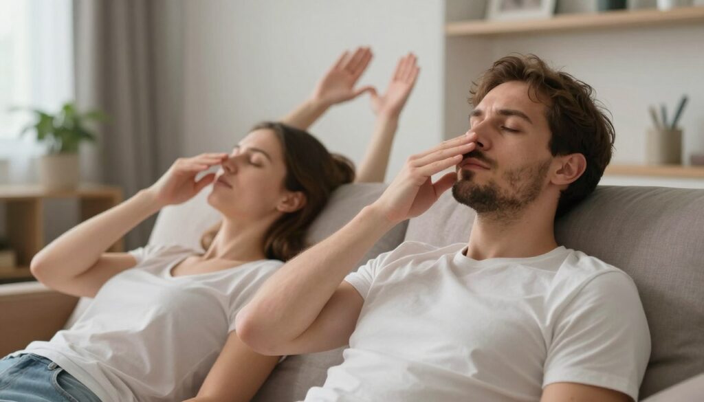 cuplu practicând împreună tehnici de relaxare