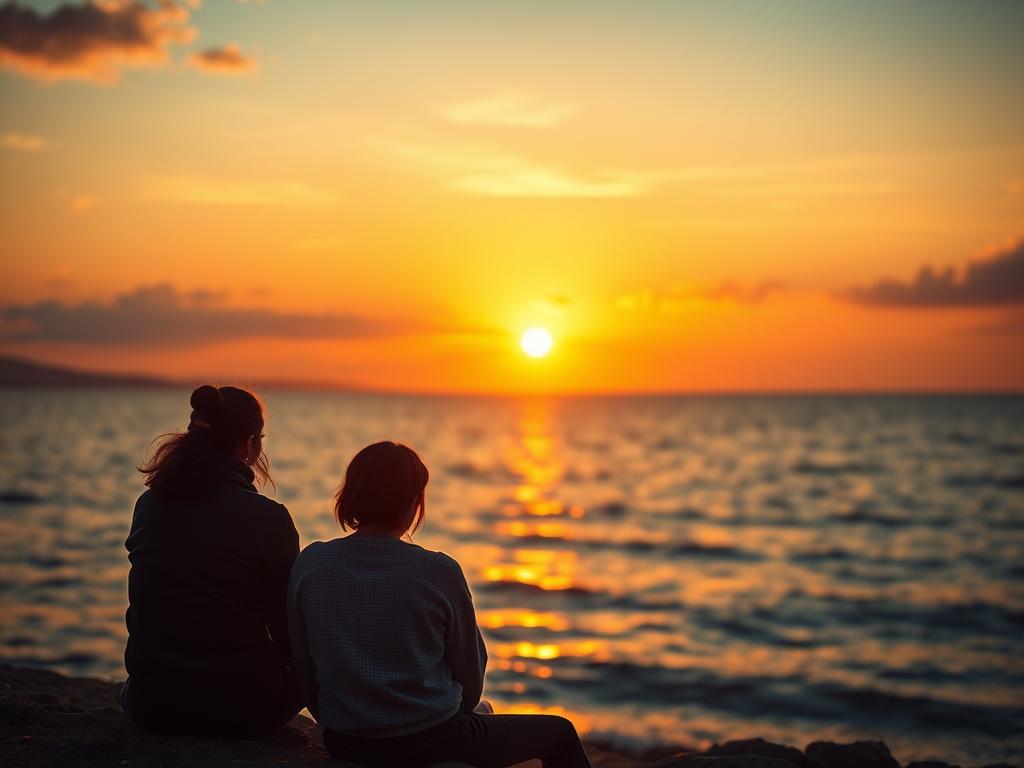 cuplu stând pe malul mării privind împreună apusul