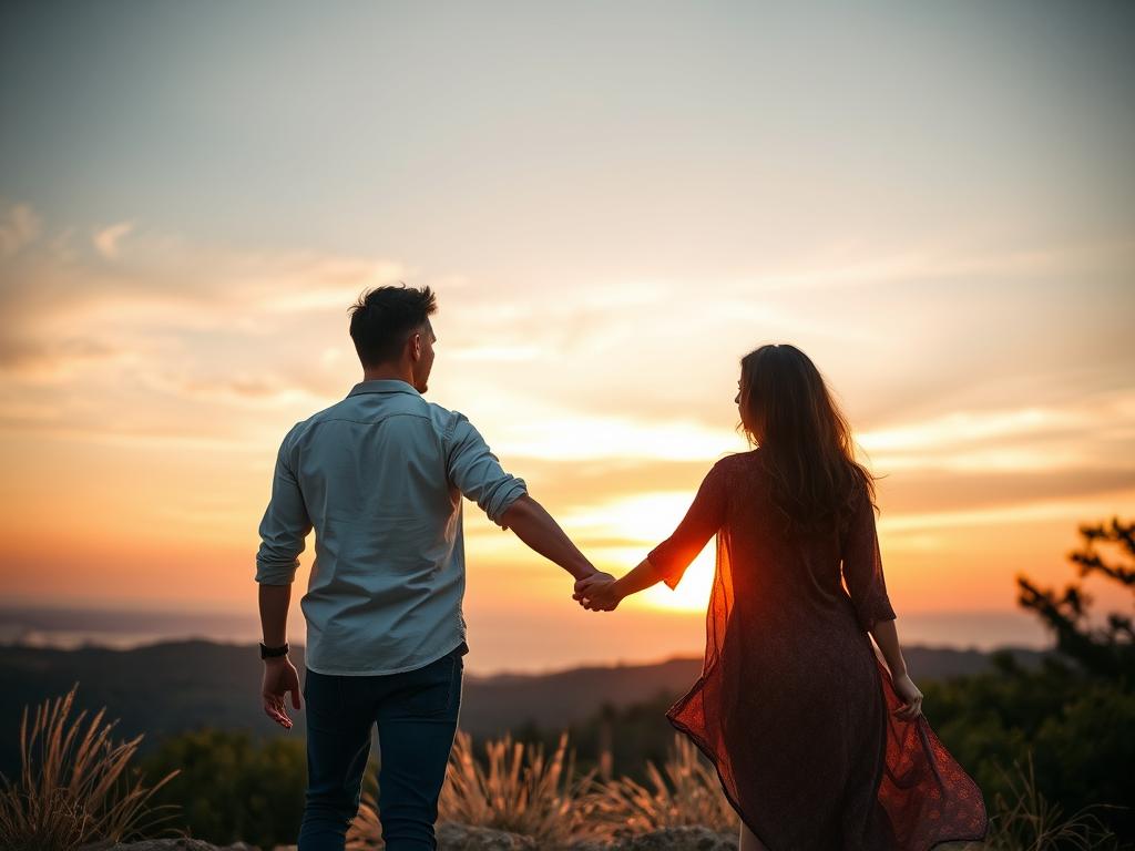 cuplu ținându-se de mână și privind în aceeași direcție