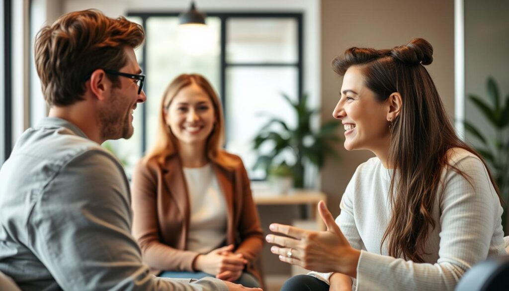 cuplu zâmbind și vorbind deschis în timpul terapiei