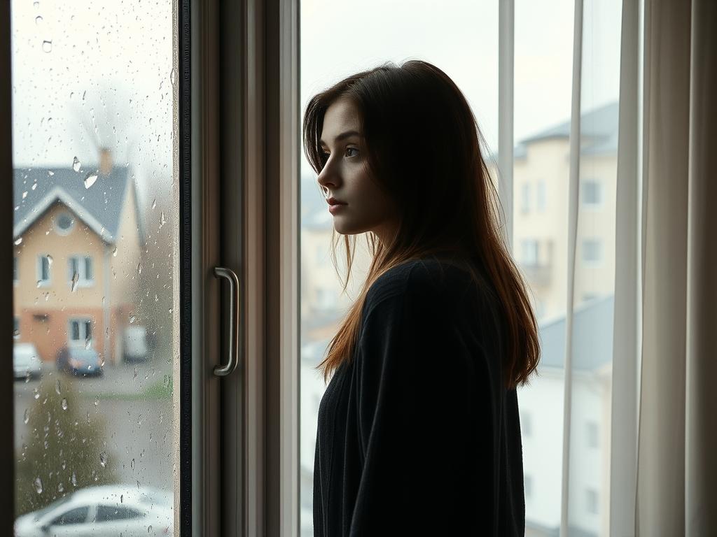femeie singură lângă fereastră privind trist afară