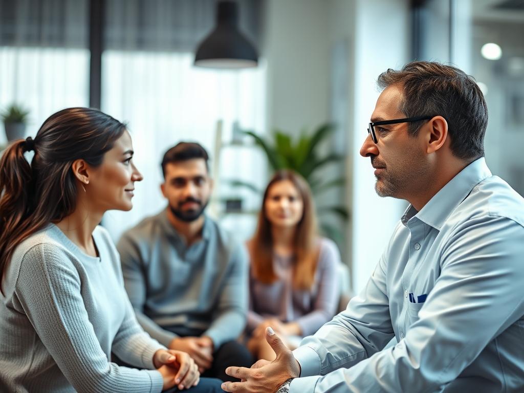 terapeut de cuplu ascultând empatic doi parteneri