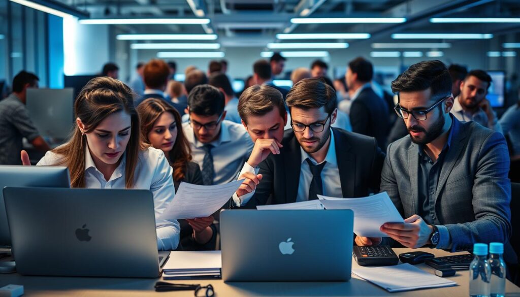 Mediu de lucru intens competitiv cu profesioniști stresați, ilustrând presiunea profesională Mediu de lucru intens competitiv cu profesioniști stresați, ilustrând presiunea profesională