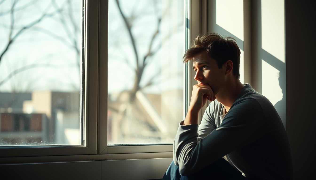Persoană singură privind pe fereastră reflectând asupra emoțiilor de abandon
