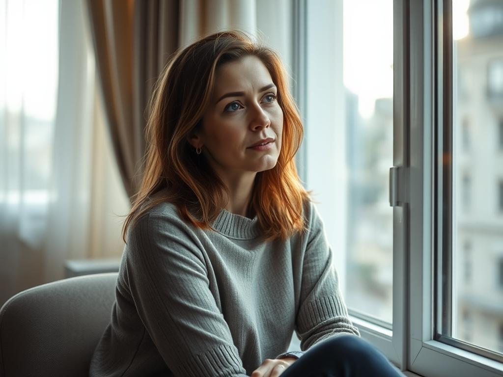 Femeie reflectând asupra stimei de sine, expresie gânditoare