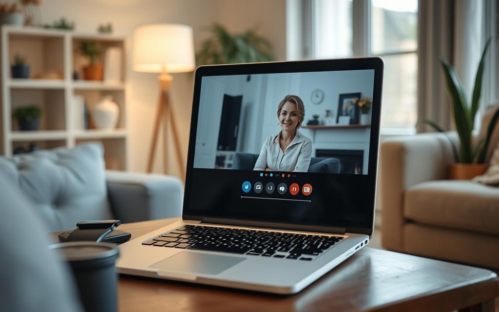 Laptop deschis cu sesiune de psihoterapie online pentru anxietate