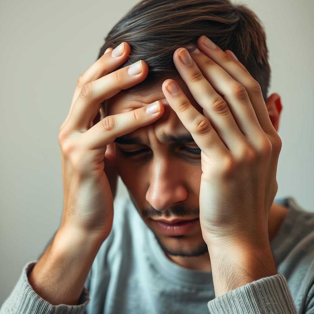 Persoană cu mâinile pe frunteexprimând îngrijorare și anxietate