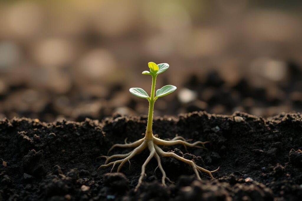 Plantă crescând din pământ simbolizând procesul de vindecare și reconstrucție Plantă crescând din pământ simbolizând procesul de vindecare și reconstrucție