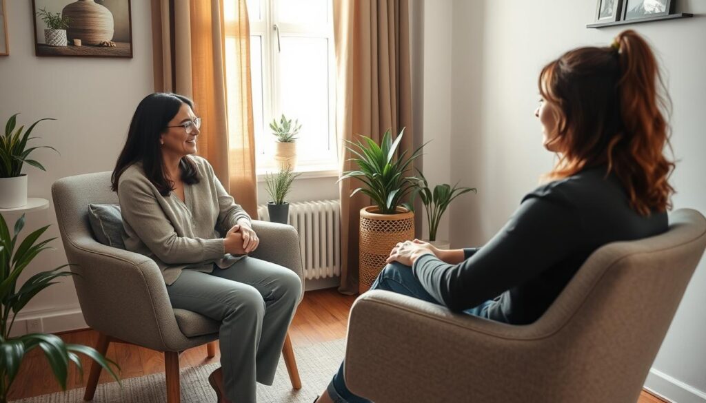 Psihoterapeut în conversație empatică cu client